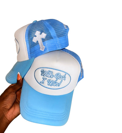 Baby Blue WGIW Trucker Hat - With God, I Win! Clothing